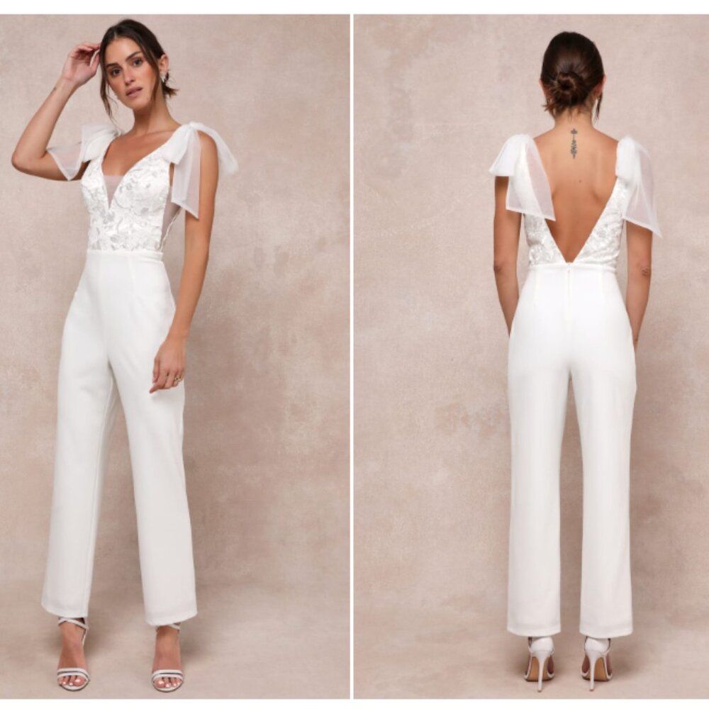 Lulus Dignified Beauty White Mesh Embroidered Tie-Strap Jumpsuit